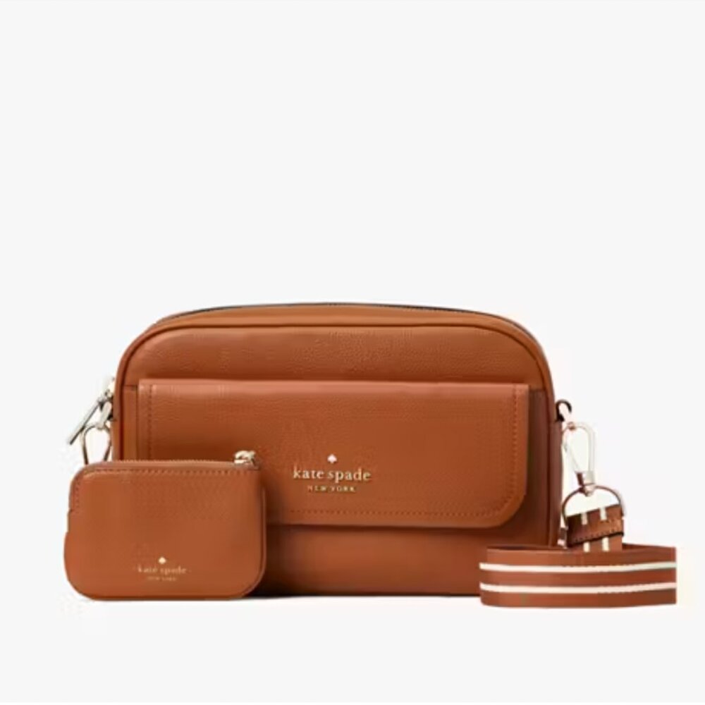 NWT Kate Spade Outlet Brown Rosie Pebbled Leather Flap Camera Bag